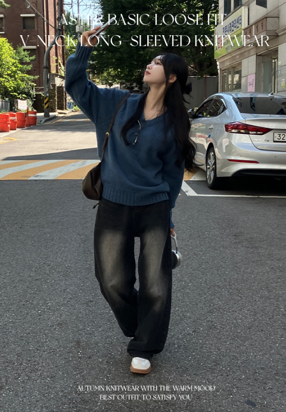 早秋預訂｜加厚基本款寬鬆V領長袖針織上衣