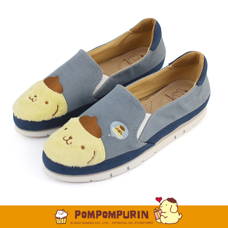 Paidal x Pompompurin布丁狗 萌臉系列布丁對話框不彎腰平底休閒鞋樂福鞋懶人鞋-藍