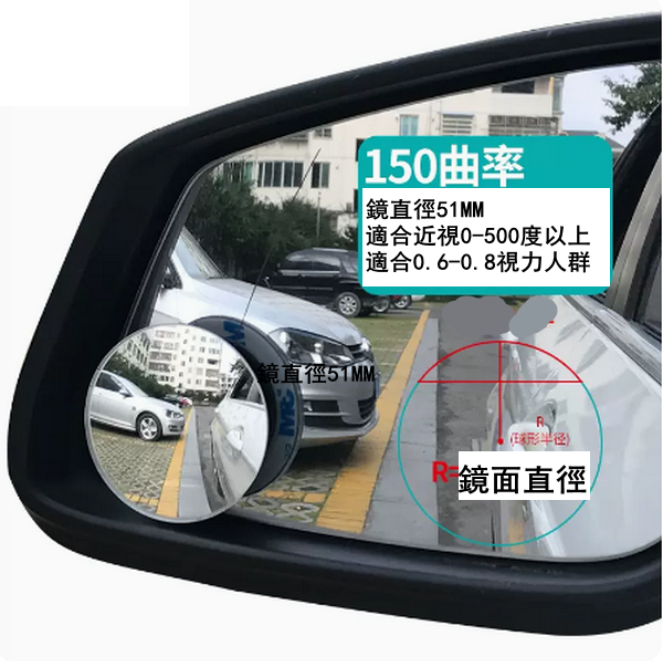 New car rear view mirror small round mirror [match set] frameless + 360 adjustable + glass 51mm curvature 150 [for vision 0.6-0.8]