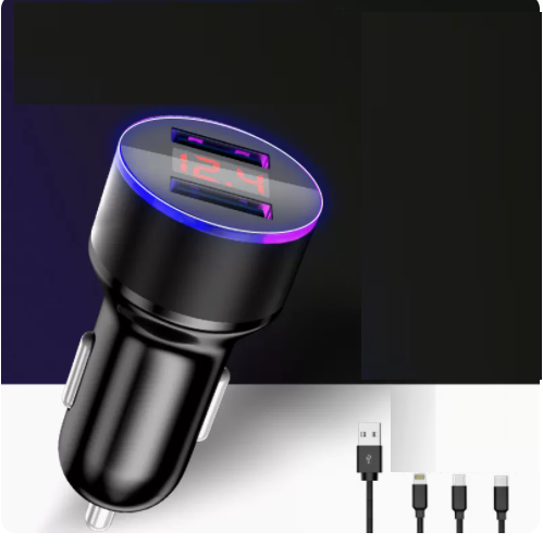 Hot selling low-power digital display car charger mobile phone flash charging plus 1 three-in-one data cable (cool black)