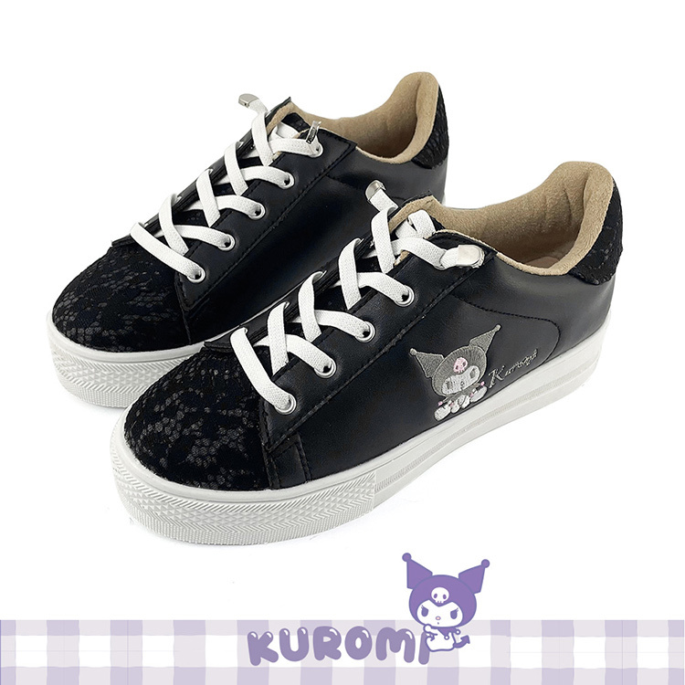 Paidal x Kuromi酷洛米 蕾絲免綁帶厚底休閒鞋不彎腰鞋-黑