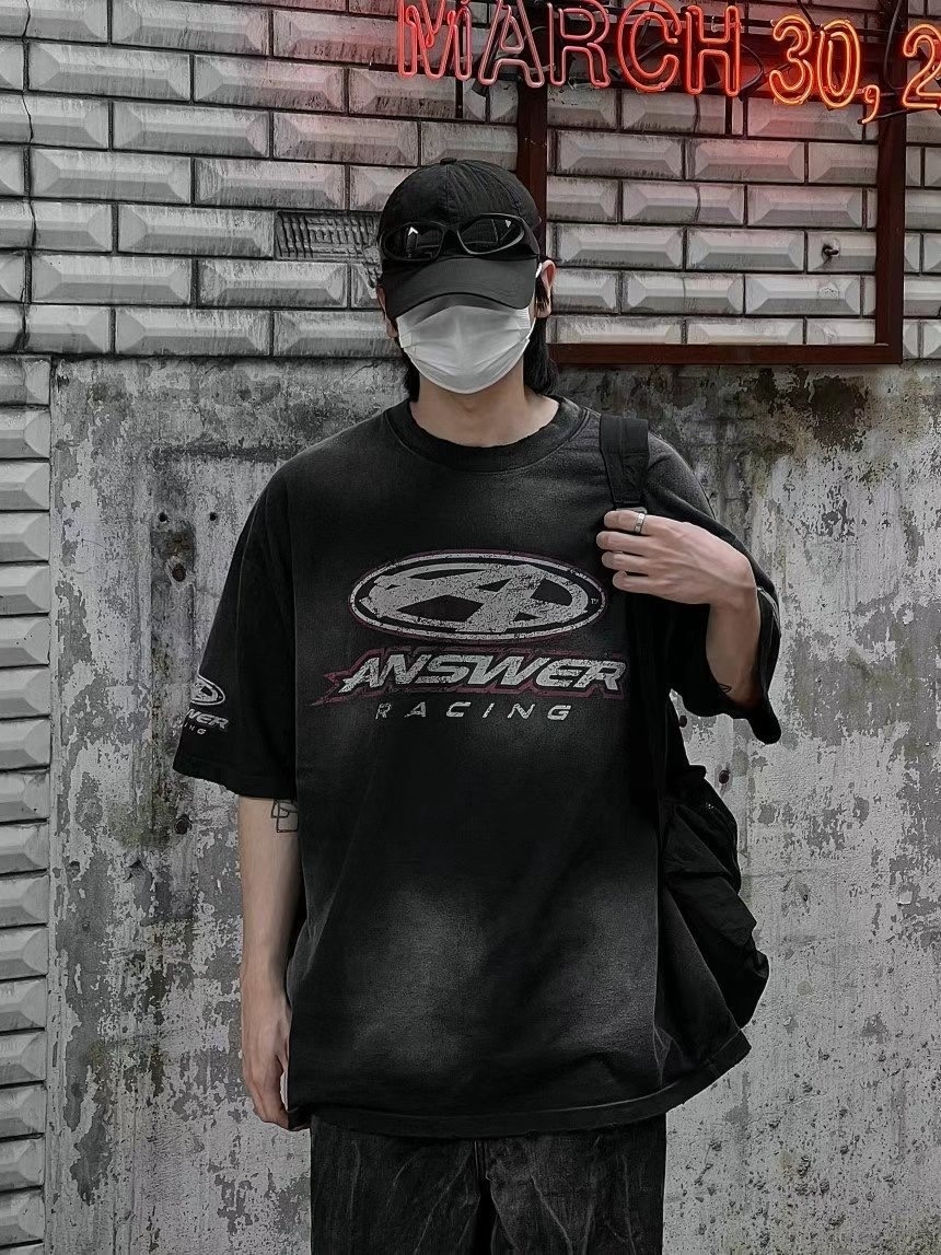 【HERETICS STUDIO 】韓國 고품질 ANSWER 賽車 字母 水洗 做舊 寬鬆 短袖