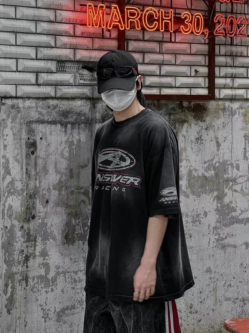 【HERETICS STUDIO 】韓國 고품질 ANSWER 賽車 字母 水洗 做舊 寬鬆 短袖