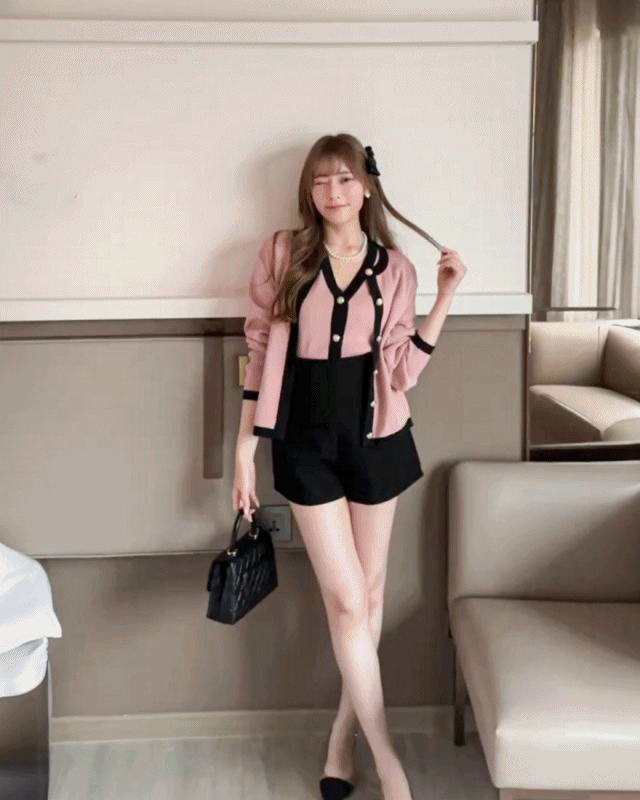 LINA LINA亮眼高貴小香滾邊背心外套兩件組-玫瑰粉
