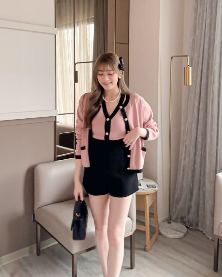 LINA LINA亮眼高貴小香滾邊背心外套兩件組-玫瑰粉