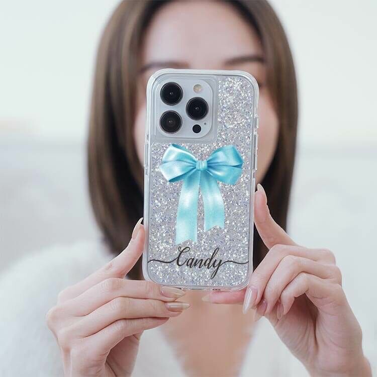 蝴蝶結緞帶(芬尼藍) 銀耀撞白殼 - (訂製名字) - iPhone 客製化手機殼