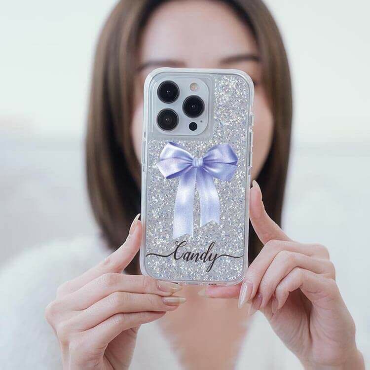蝴蝶結緞帶(紫) 銀耀撞白殼 - (訂製名字) - iPhone 客製化手機殼