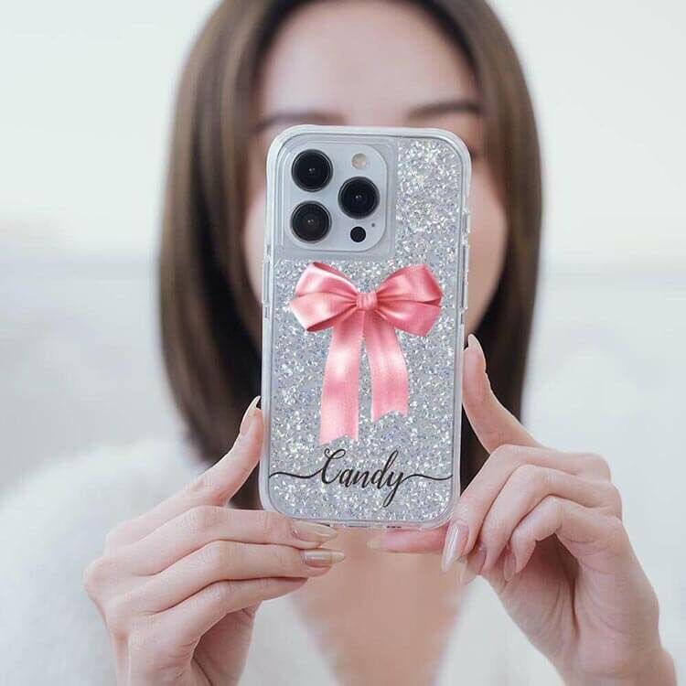 蝴蝶結緞帶(粉) 銀耀撞白殼 - (訂製名字) - iPhone 客製化手機殼