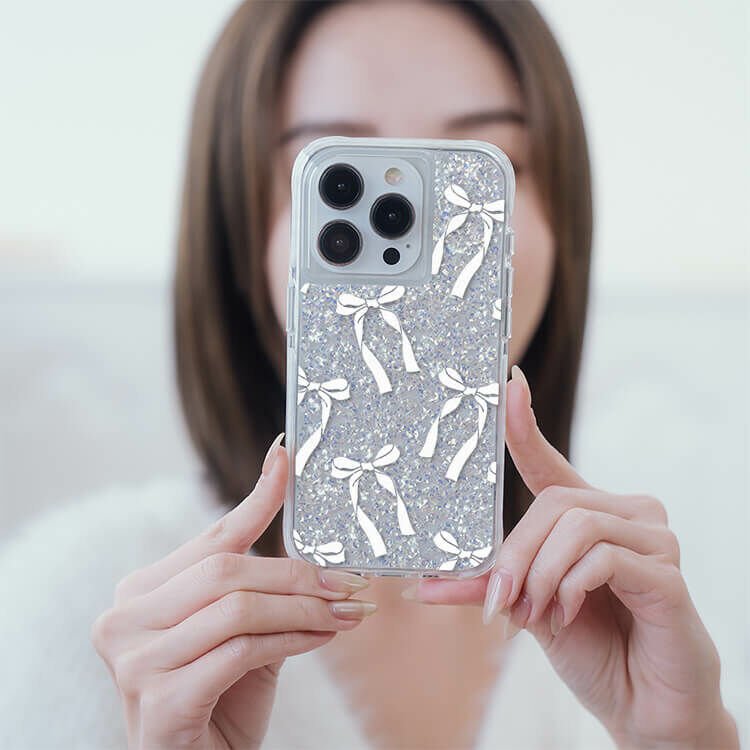 白色蝴蝶結緞帶 銀耀撞白殼 - (訂製名字) - iPhone 客製化手機殼