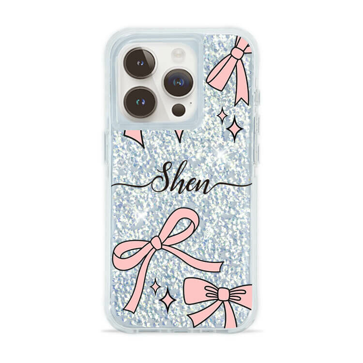 粉色優雅蝴蝶結 銀耀撞白殼 - (訂製名字) - iPhone 客製化手機殼