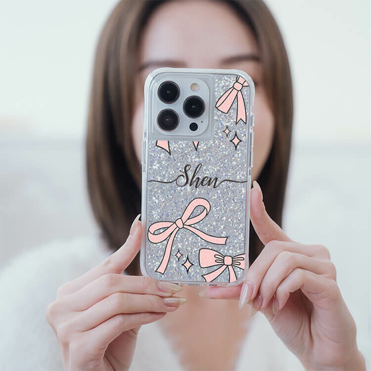 粉色優雅蝴蝶結 銀耀撞白殼 - (訂製名字) - iPhone 客製化手機殼