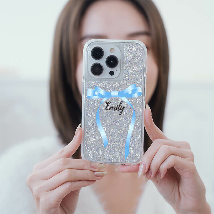 氣質蝴蝶結緞帶(藍) 銀耀撞白殼 - (訂製名字) - iPhone 客製化手機殼