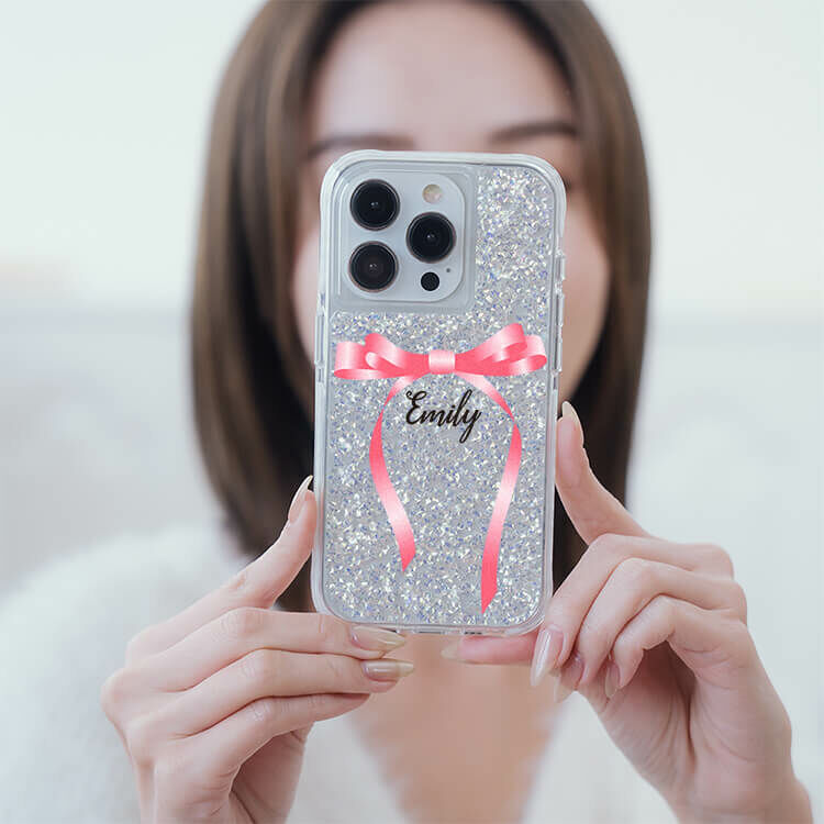氣質蝴蝶結緞帶(粉) 銀耀撞白殼 - (訂製名字) - iPhone 客製化手機殼