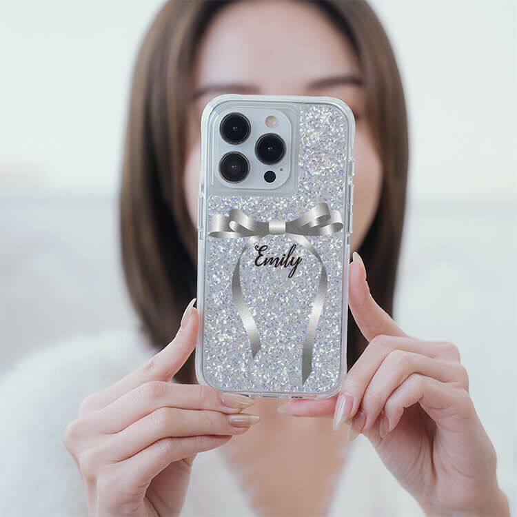 氣質蝴蝶結緞帶(灰) 銀耀撞白殼 - (訂製名字) - iPhone 客製化手機殼
