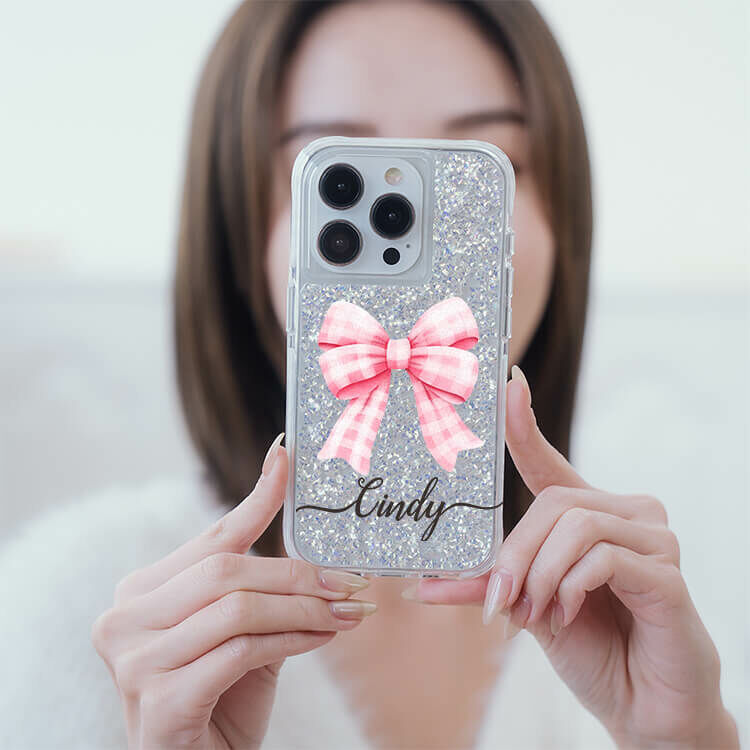可愛格紋蝴蝶結 銀耀撞白殼 - (訂製名字) - iPhone 客製化手機殼