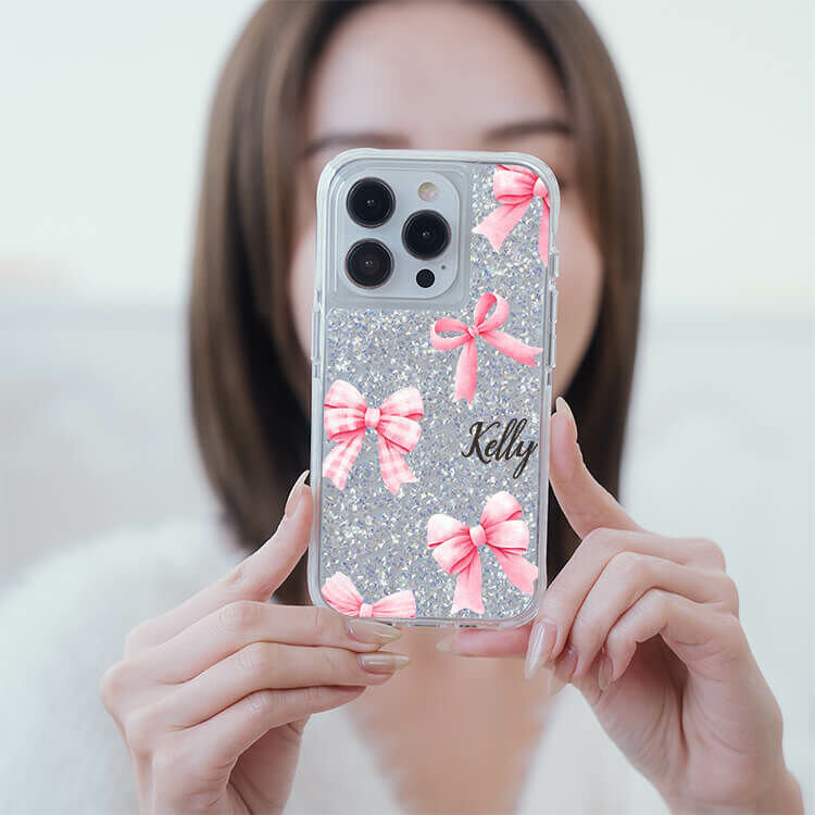 甜美韓風蝴蝶結 銀耀撞白殼 - (訂製名字) - iPhone 客製化手機殼