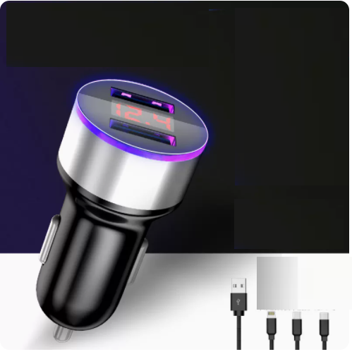 Hot selling low-power digital display car charger mobile phone flash charging plus 1 three-in-one retractable data cable (snowflake silver)