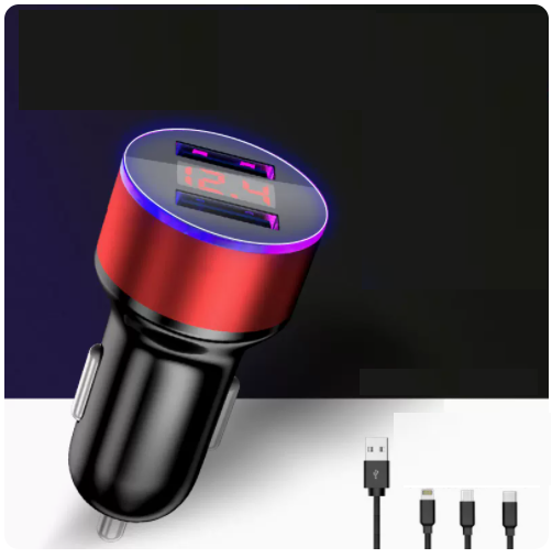 Hot selling high-power digital display car charger mobile phone flash charging plus 1 three-in-one retractable data cable (champagne red)