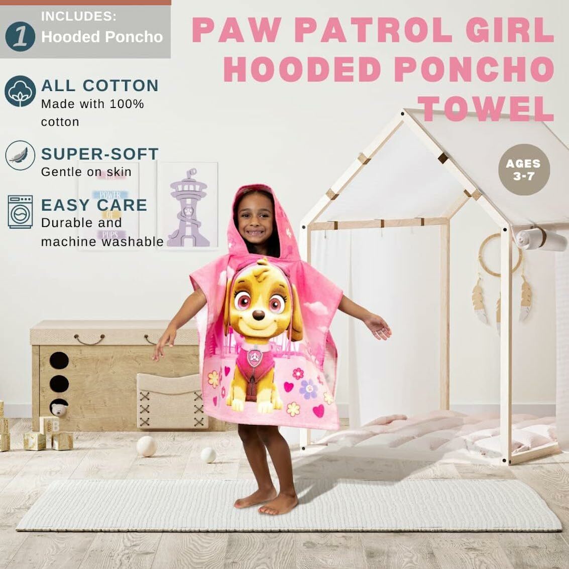 美國 Paw Patrol Girl 超柔軟棉質斗蓬浴巾