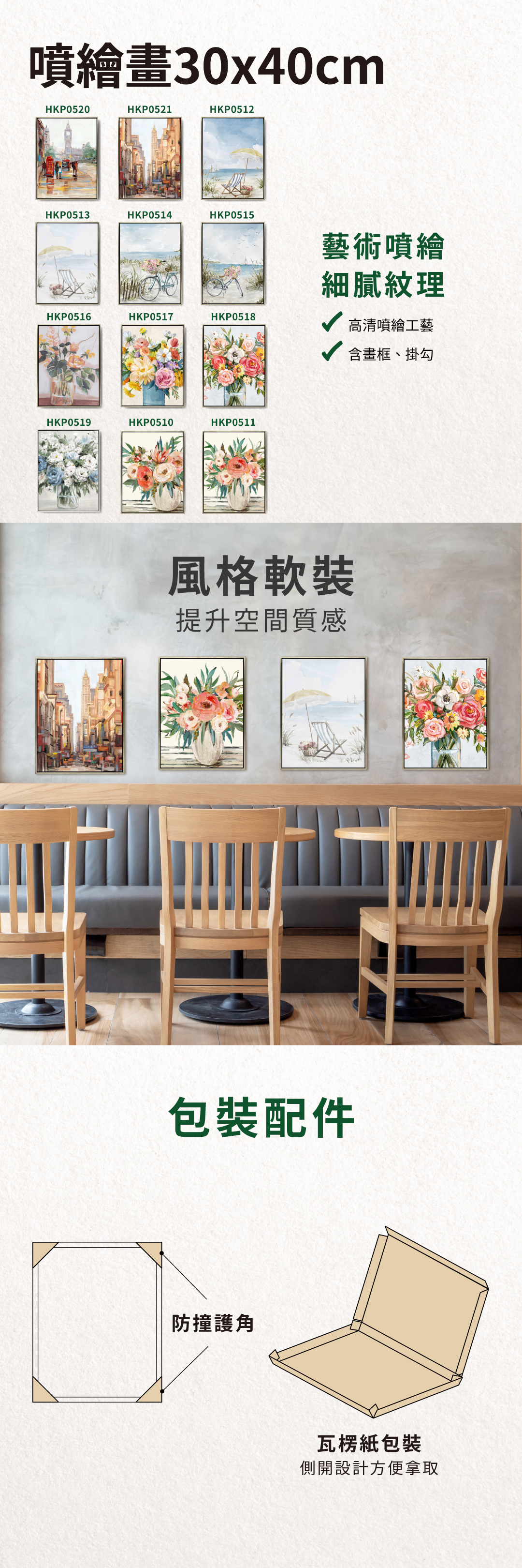 噴繪畫，風格軟裝，可提升空間質感，配件含防撞護角，包裝採側開設計方便拿取