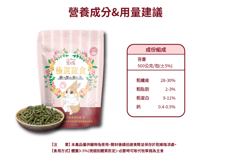 營養成分&用量建議 成份组成 容量 500公克/包(土5%) 粗纖維28-30% 粗脂肪 2-3% 粗蛋白 9-11% 鈣 0.4-0.5% 注意本產品僅供寵物免使用 開封後請迅速食閉並保存於乾燥陰涼處 食用方式 體重3-5%視個別體質而定 必要時可取代牧草做為主食