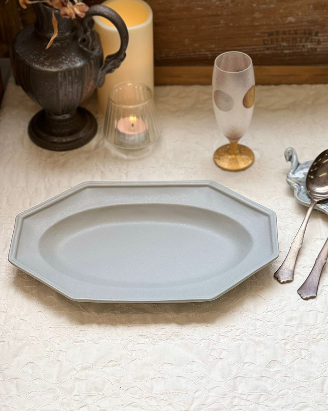 Retro Octagon Long Dish Grey Fog｜Mashiko ware