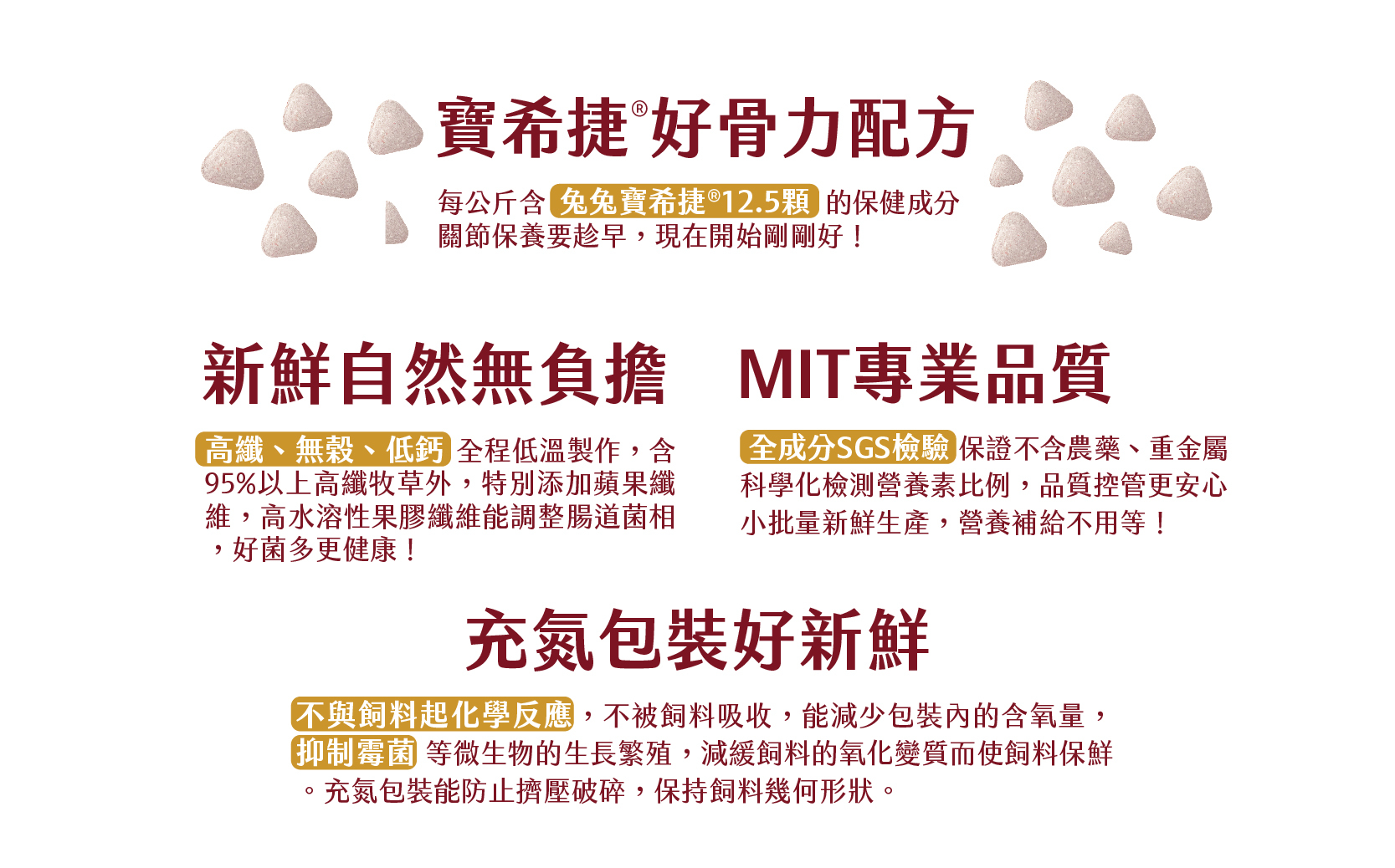 寶希捷好骨力配方 每公斤含免兔寶希捷*12.5顆 的保健成分 關節保養要趁早 現在開始剛剛好! 新鮮自然無負擔 MIT專業品質 高纖、無榖、低鈣 全程低温製作 含95%以上高纖牧草外 特別添加蘋果纖維 高水溶性果膠纖維能調整腸道菌相 好菌多更健康 全成分SGS檢驗保證不含農藥、重金屬 科學化檢測營養素比例 品質控管更安心 小批量新鮮生產 營養補給不用等 充氮包装好新鲜 不與飼料起化學反應 不被飼料吸收 能減少包裝內的含氧量 抑制霉菌等微生物的生長繁殖 減緩飼料的氧化變質而使飼料保鮮 充氮包裝能防止擠壓破碎 保持飼料幾何形狀