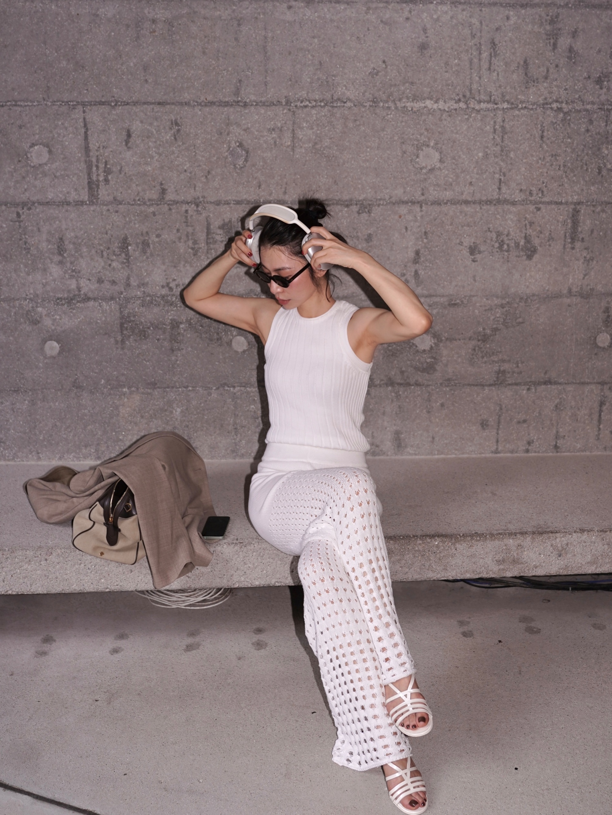 HANAA新款純棉簡約鏤空針織長款度假系列闊腿褲