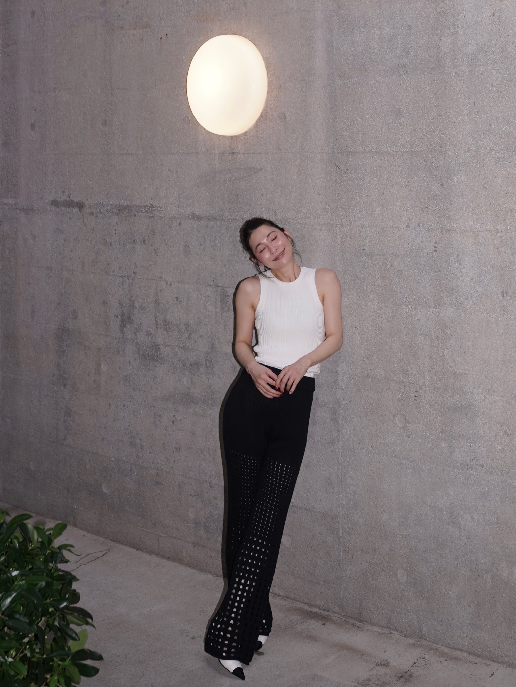 HANAA新款純棉簡約鏤空針織長款度假系列闊腿褲