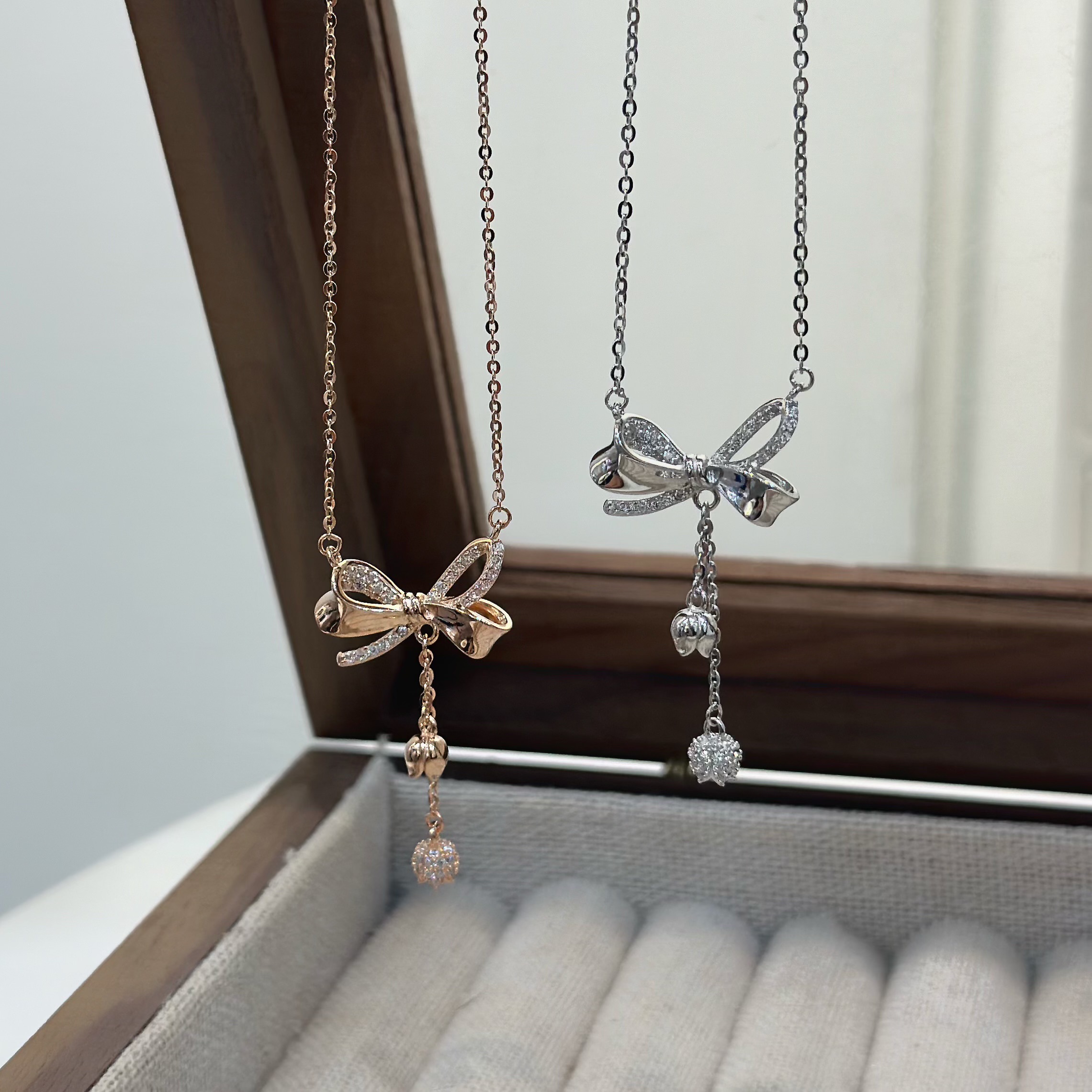 H05【輕奢】排鑽蝴蝶結垂吊純銀鎖骨鏈