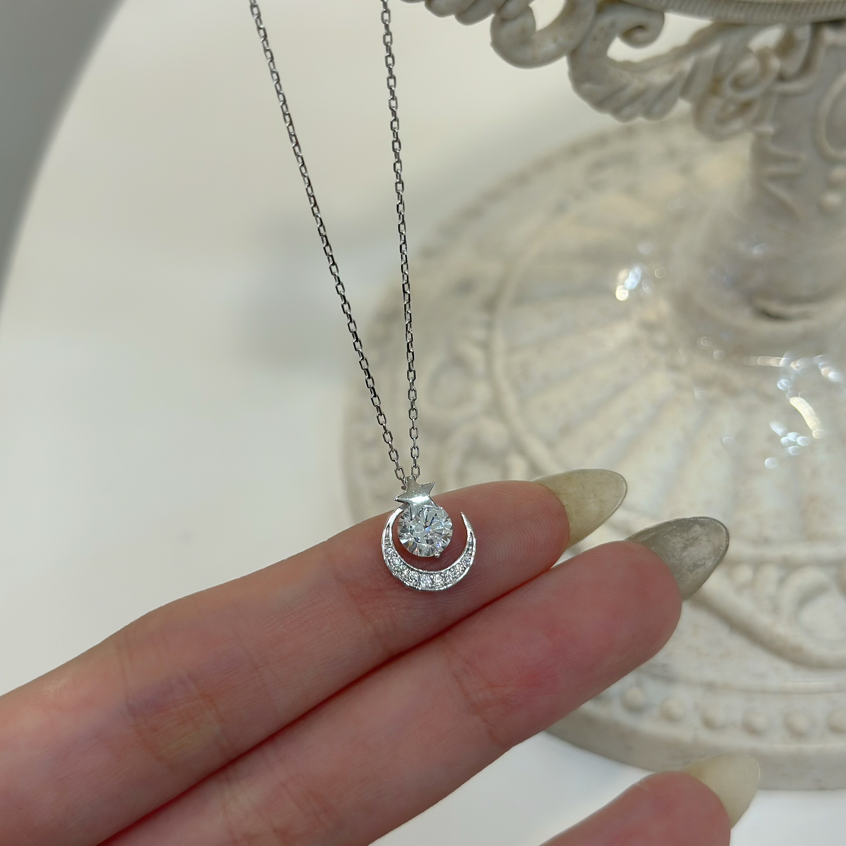 H09【輕奢】單鑽星月純銀鎖骨鏈