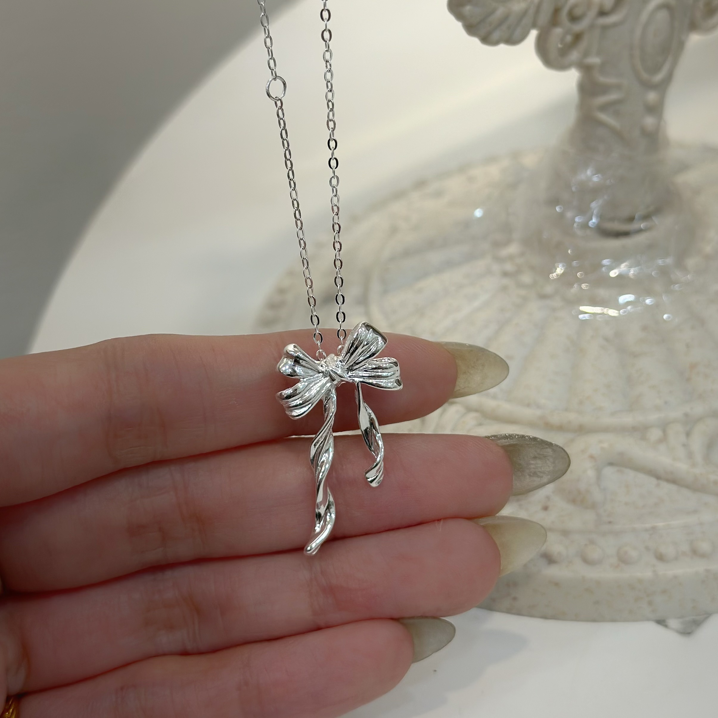 H10波浪緞帶蝴蝶結純銀鎖骨鏈