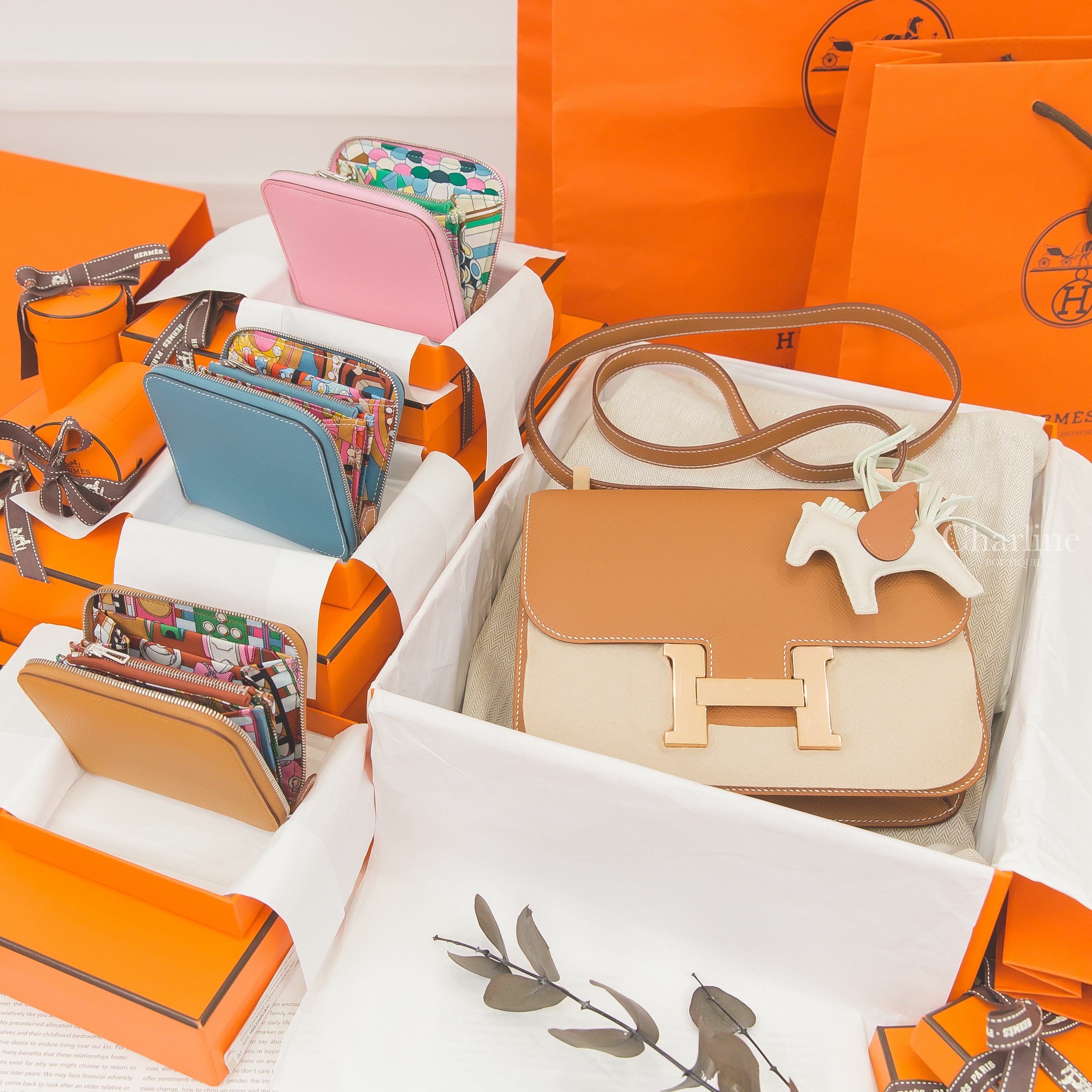 Hermès Constance 24cm 焦糖色玫瑰金釦鏡面款,Hermès 芝麻黃色絲巾短夾,Hermès 粉色絲巾短夾,Hermès 新牛仔藍絲巾短夾,Hermès 奶昔白/氣泡綠/焦糖色小飛馬-Charline Boutique 精品代購