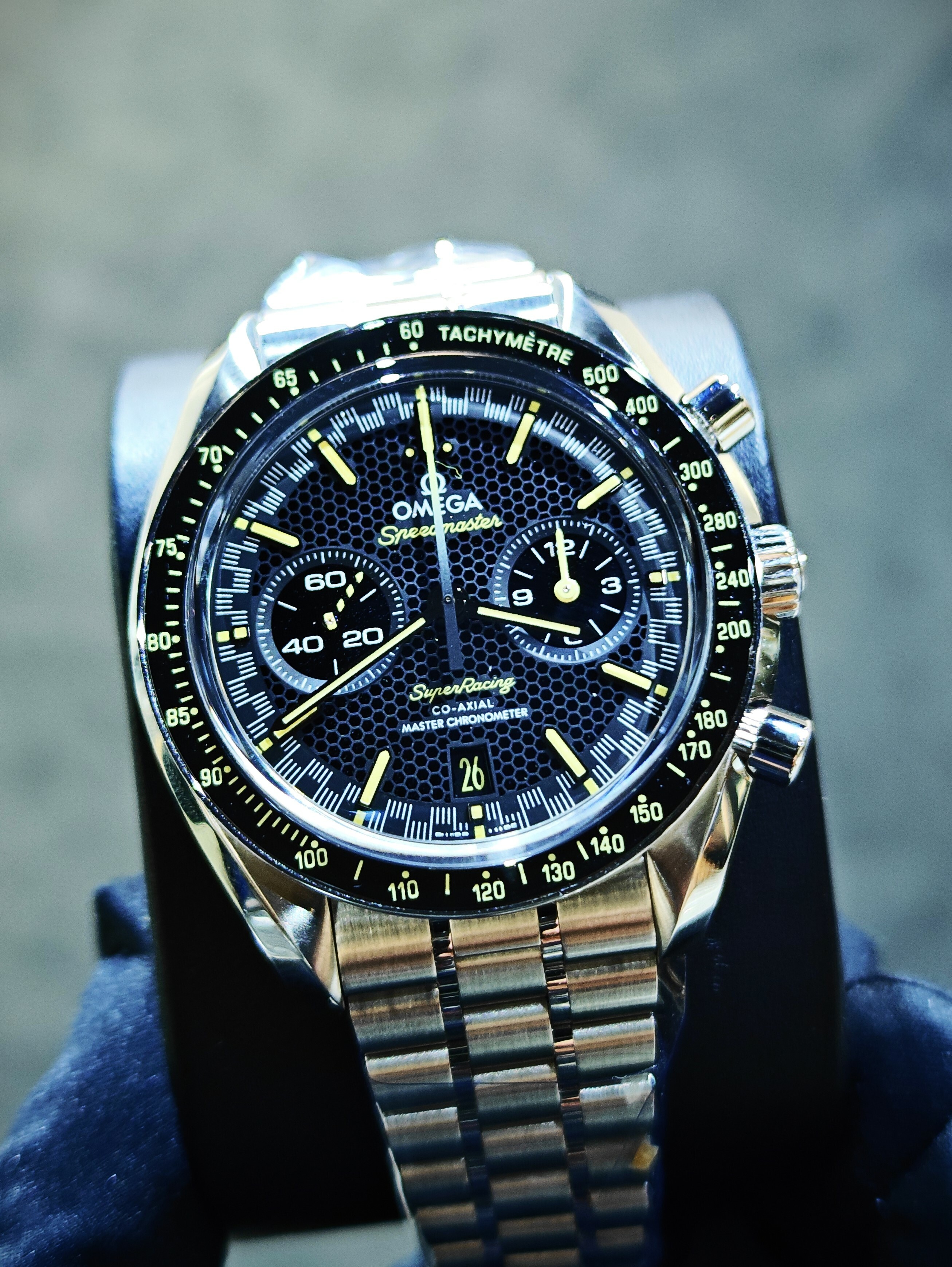 BRAND NEW Omega Speedmaster 329.30.44.51.01.003  32930445101003  RACING BLACK DIAL YELLOW hands STEEL CO-AXIAL MASTER CHRONOMETER CHRONOGRAPH 44 MM