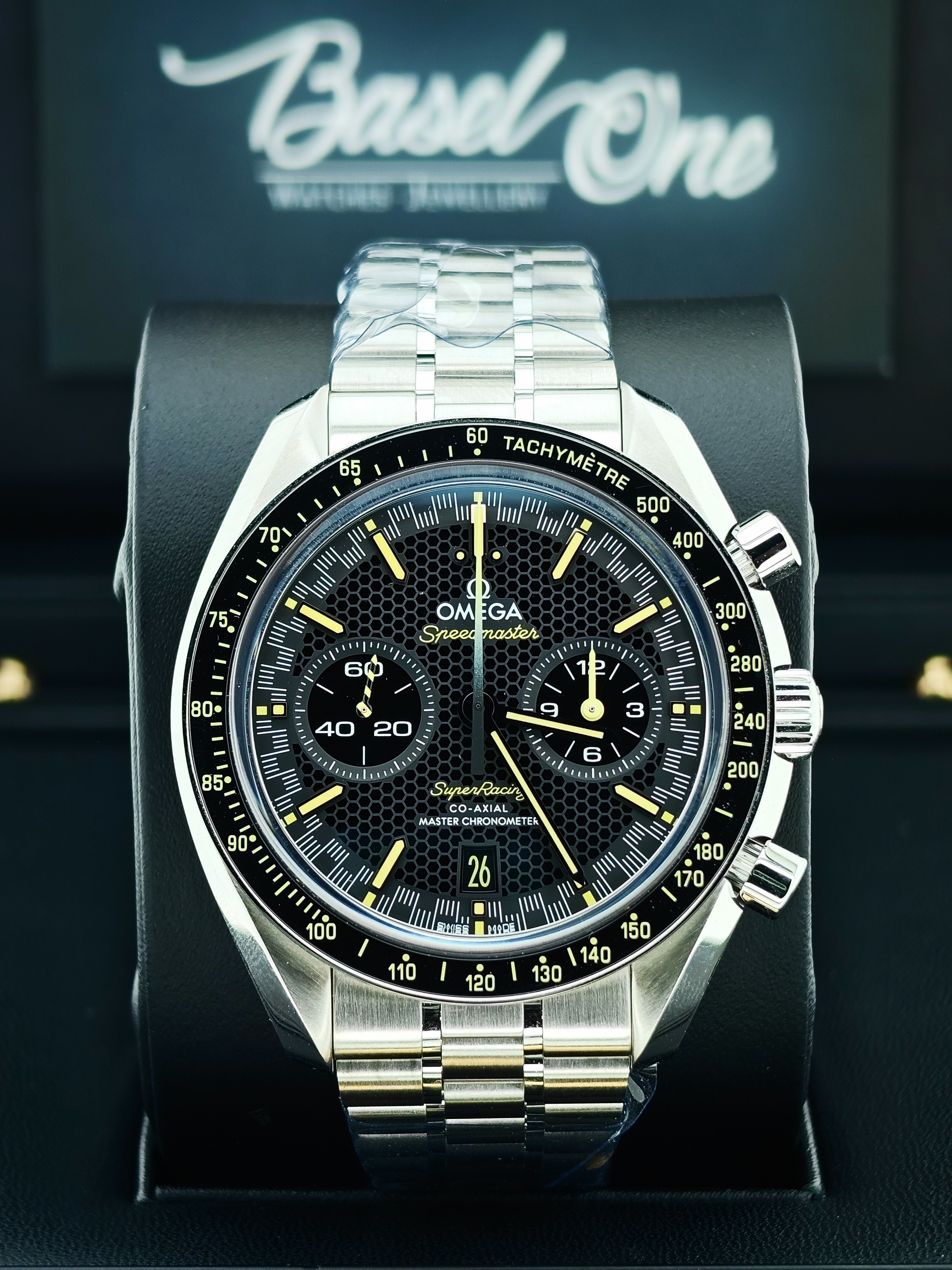 BRAND NEW Omega Speedmaster 329.30.44.51.01.003  32930445101003  RACING BLACK DIAL YELLOW hands STEEL CO-AXIAL MASTER CHRONOMETER CHRONOGRAPH 44 MM