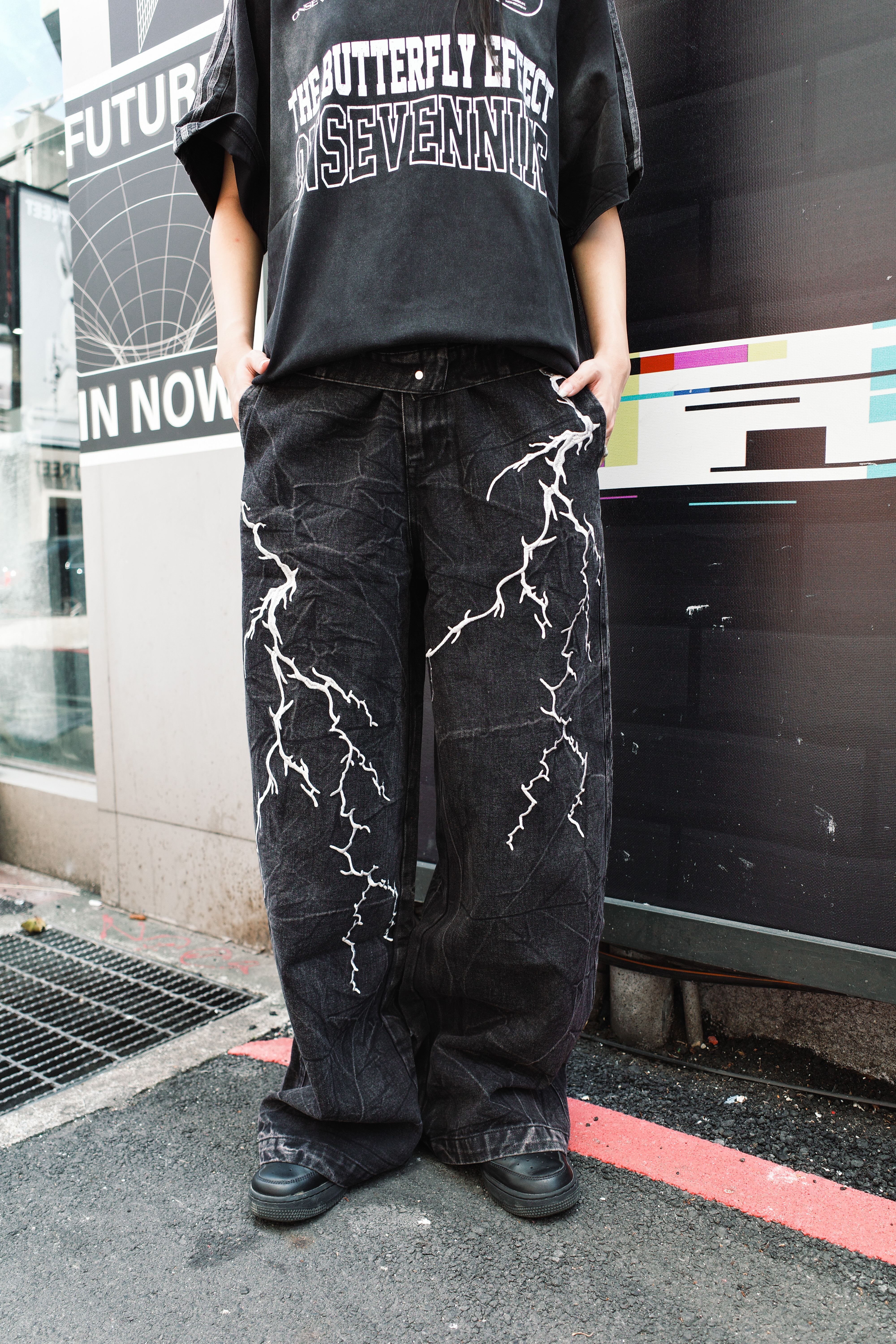 『Always_Good』閃電 刺繡 暗紋 水洗 長褲