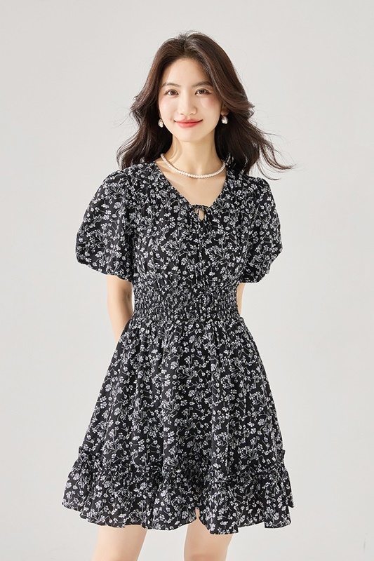 綁帶澎袖碎花雪紡洋裝 黑色