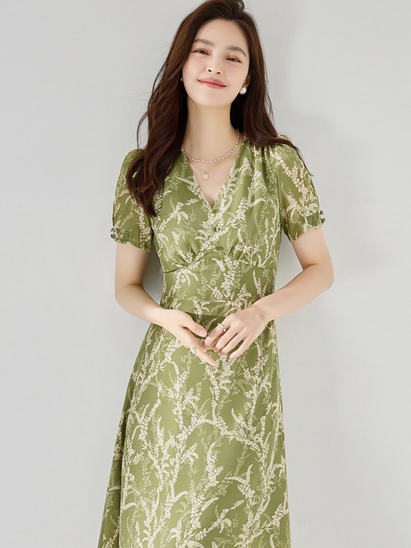 綠植印花雪紡洋裝 綠色