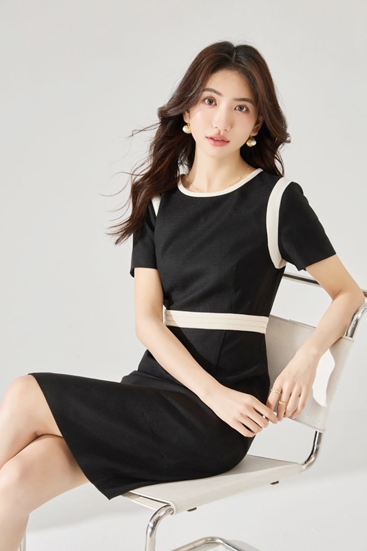 圓領配色滾邊洋裝 黑色