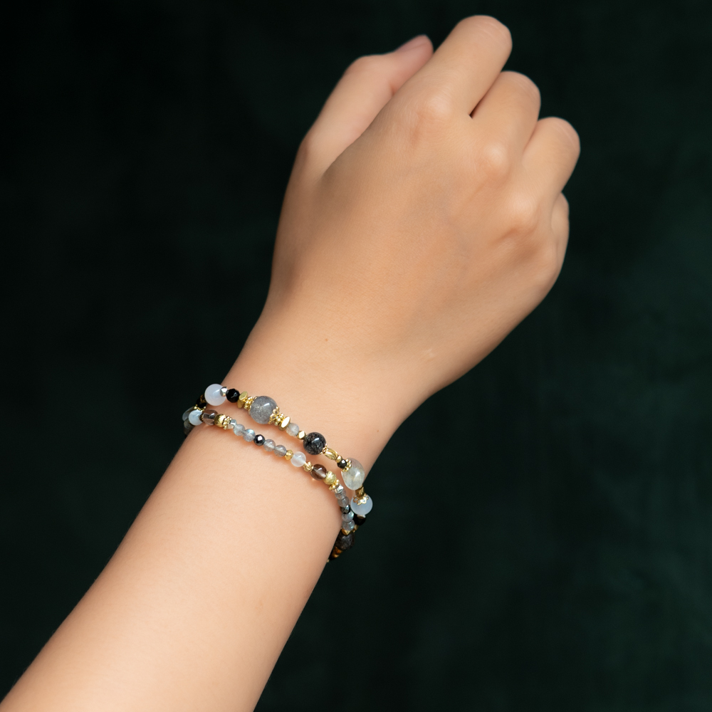 月讀｜拉長石白玉髓黑髮晶雙圈手鍊 C1654