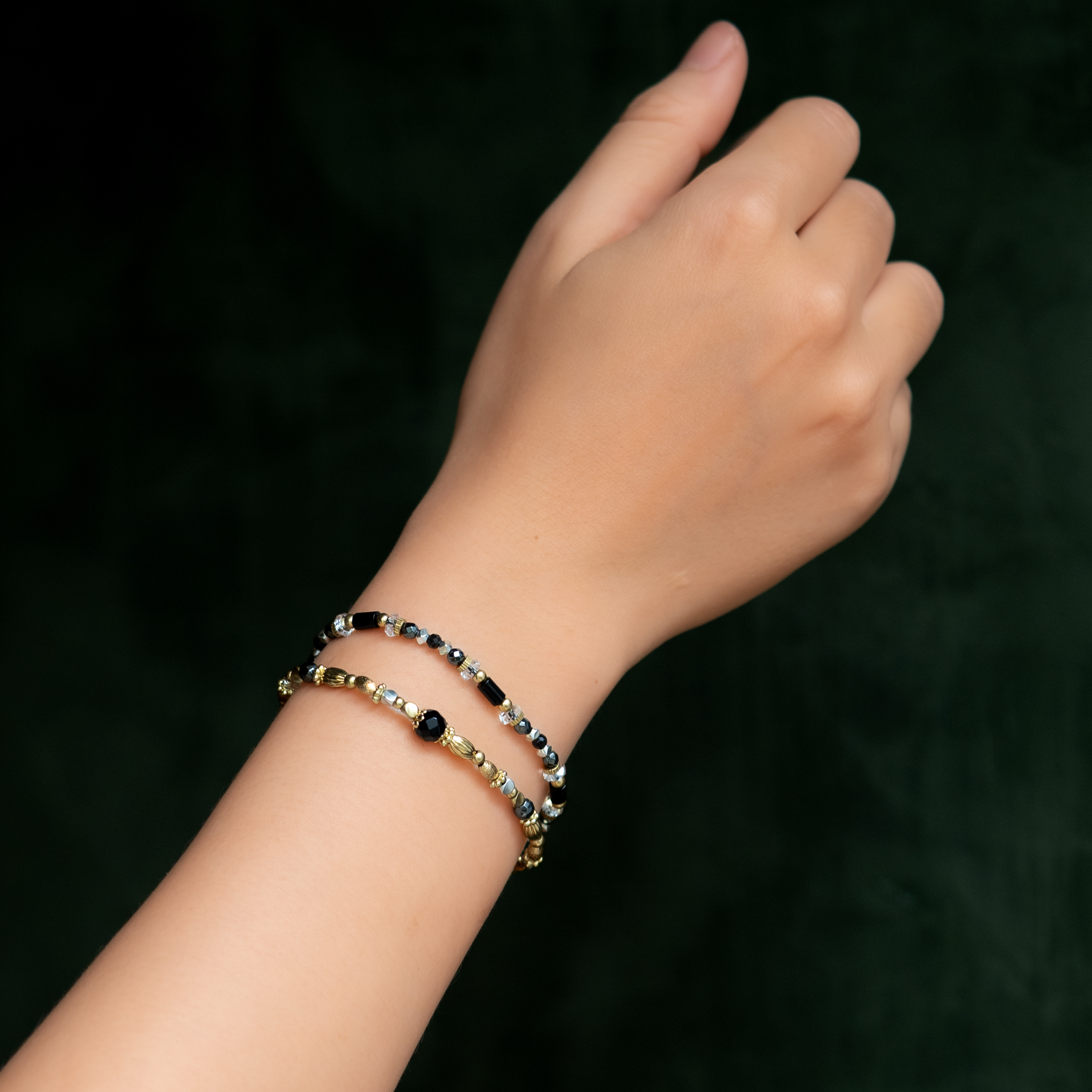 碎片星雲｜黑瑪瑙鐵膽石彩曜石雙圈手鍊 C1658