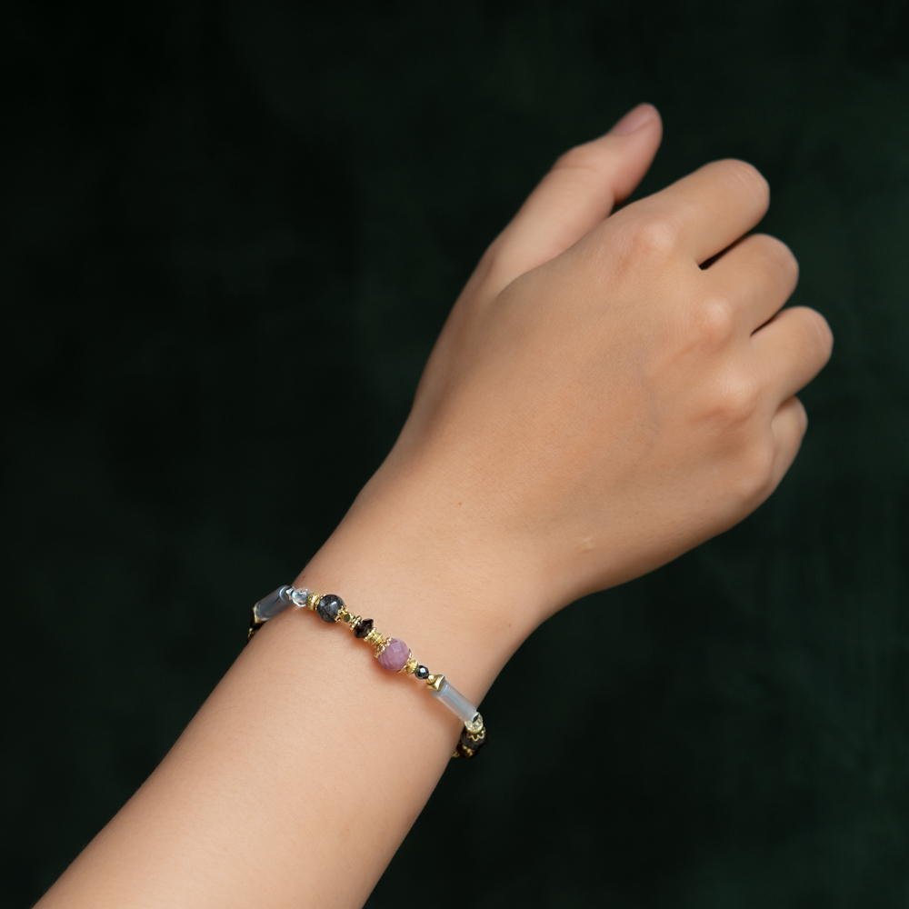 溫煦｜粉晶黑髮晶灰玉髓手鍊 C1659