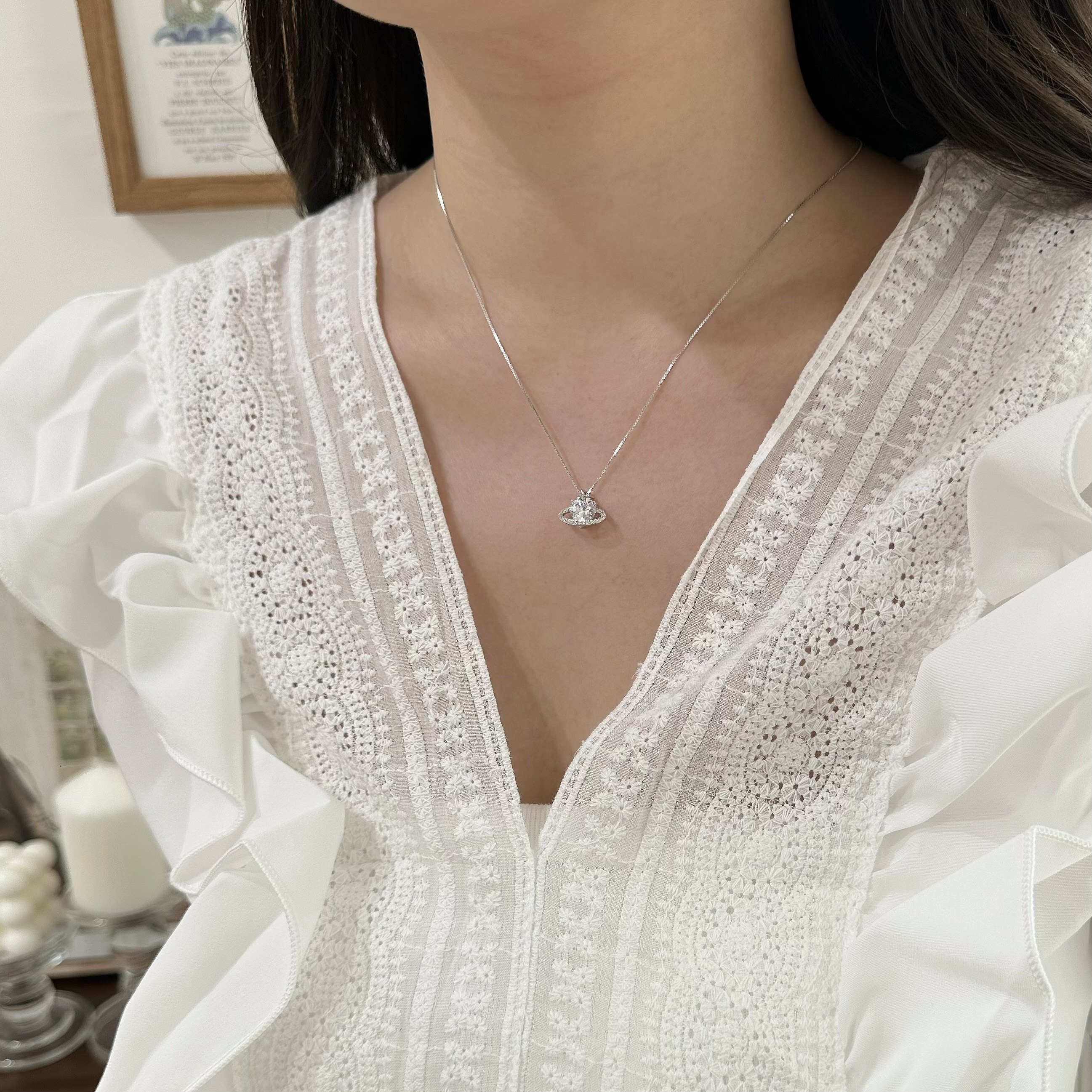 H21【輕奢】愛心單鑽星球純銀鎖骨鏈