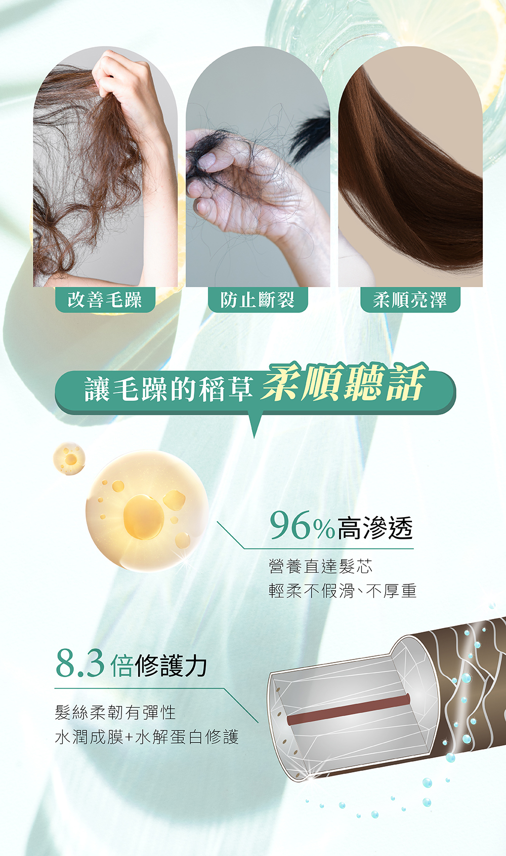 96%滲透力讓營養直達髮芯，8.3倍修護力使髮絲柔韌有彈性，改善毛躁，防止斷裂，讓頭髮柔順亮澤