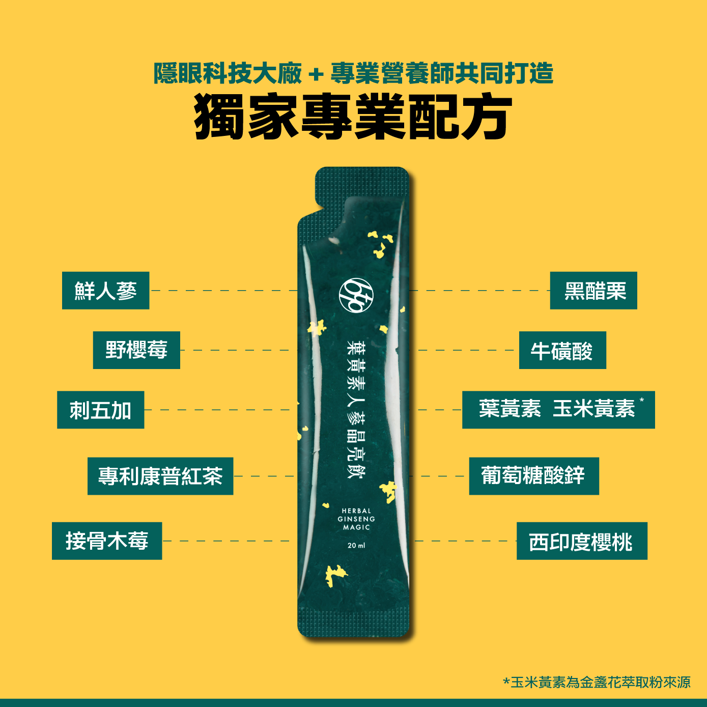 獨家專業配方，鮮人蔘、野櫻莓、刺五加、專利康普紅茶、接骨木莓、黑醋栗、牛磺酸、葉黃素、玉米黃素、葡萄糖酸鋅、西印度櫻桃