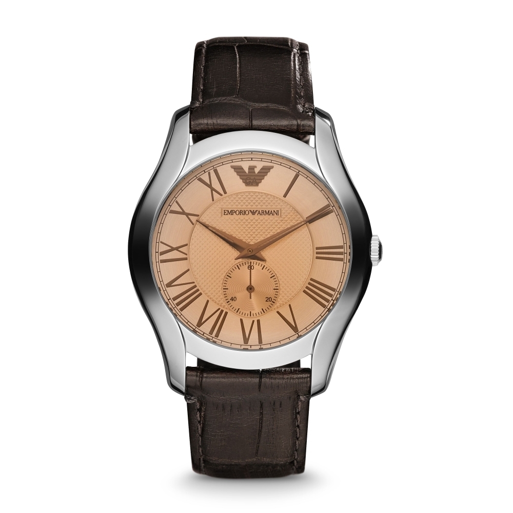 【Armani 亞曼尼】AR1704 羅馬數字時標 獨立小秒針 皮革 石英錶