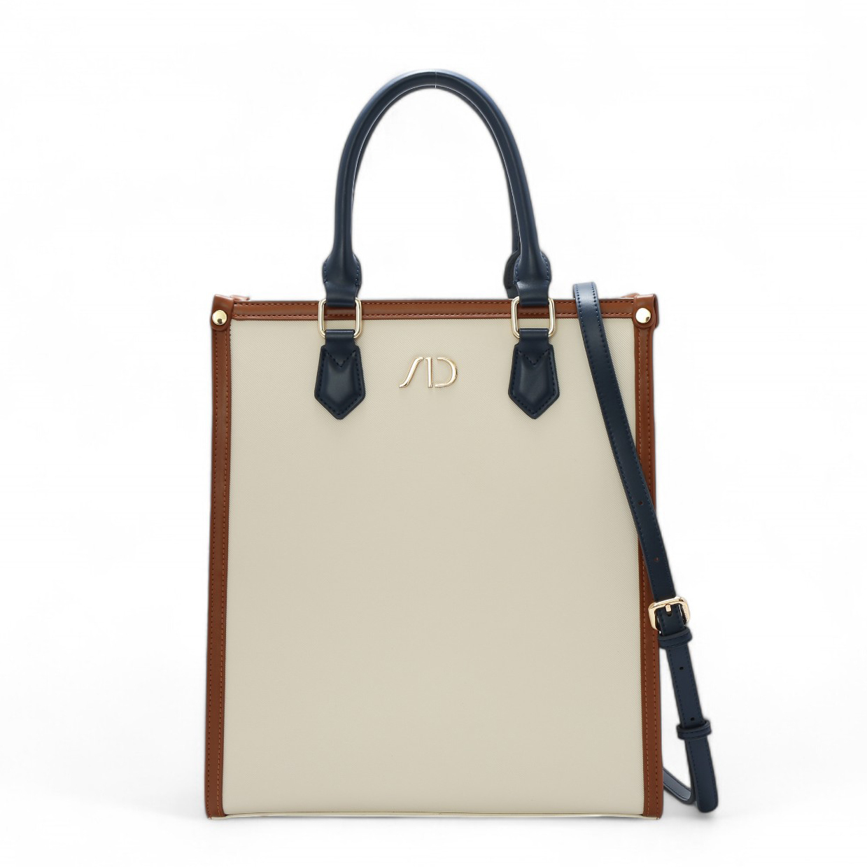 ANNA DOLLY法系滾邊撞色3WAY手提包-大 藍棕