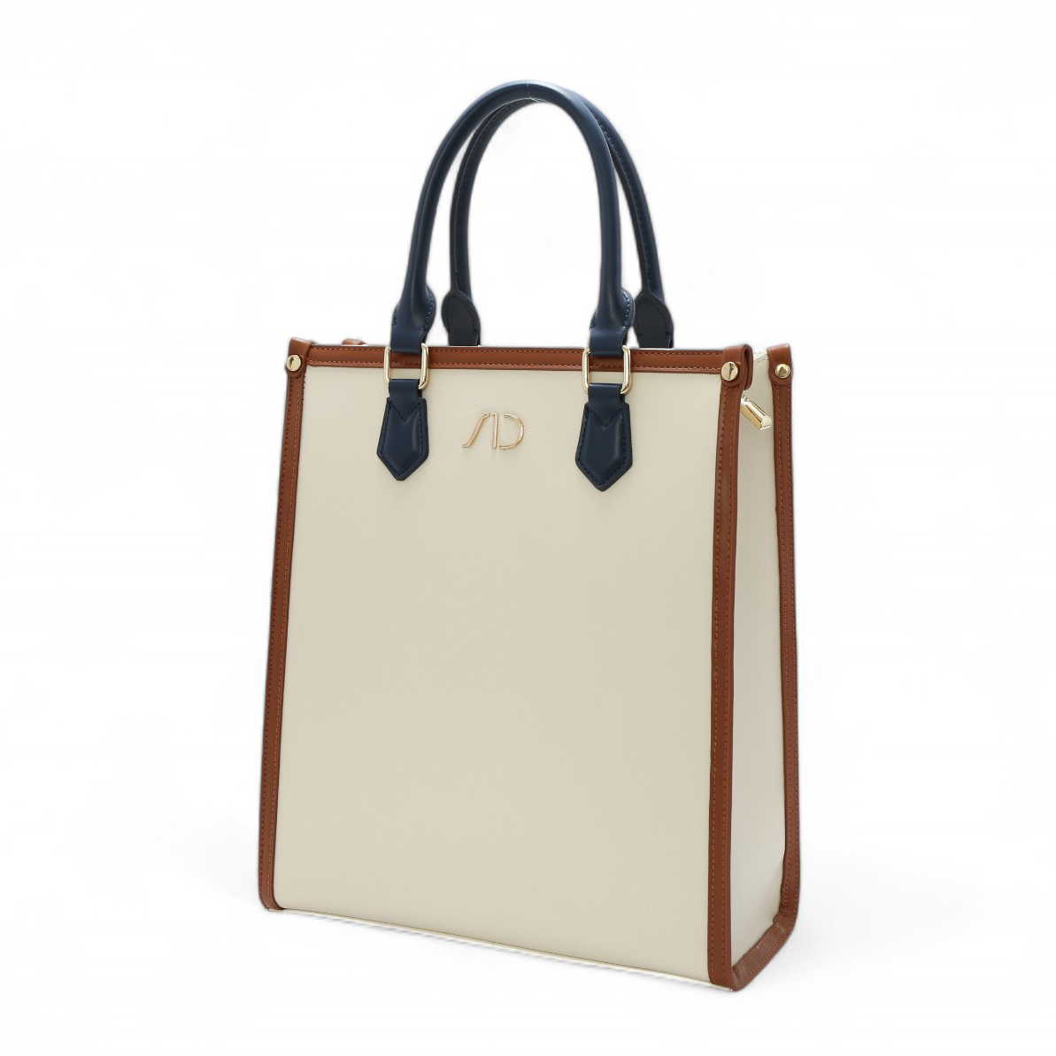 ANNA DOLLY法系滾邊撞色3WAY手提包-大 藍棕