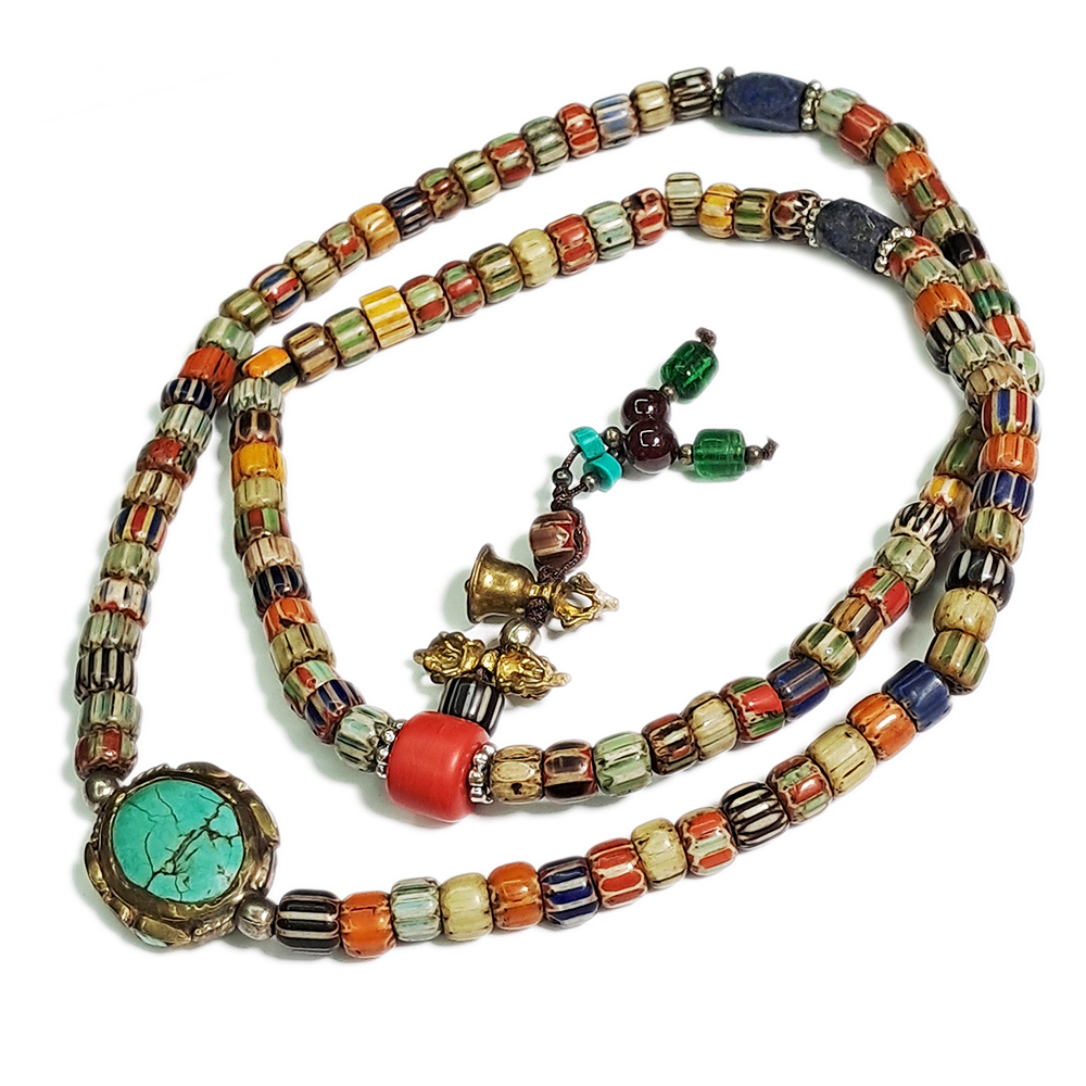 綠松石(鑲銅)&雪芙蘭琉璃珠108念珠6*5mm【十方】126140