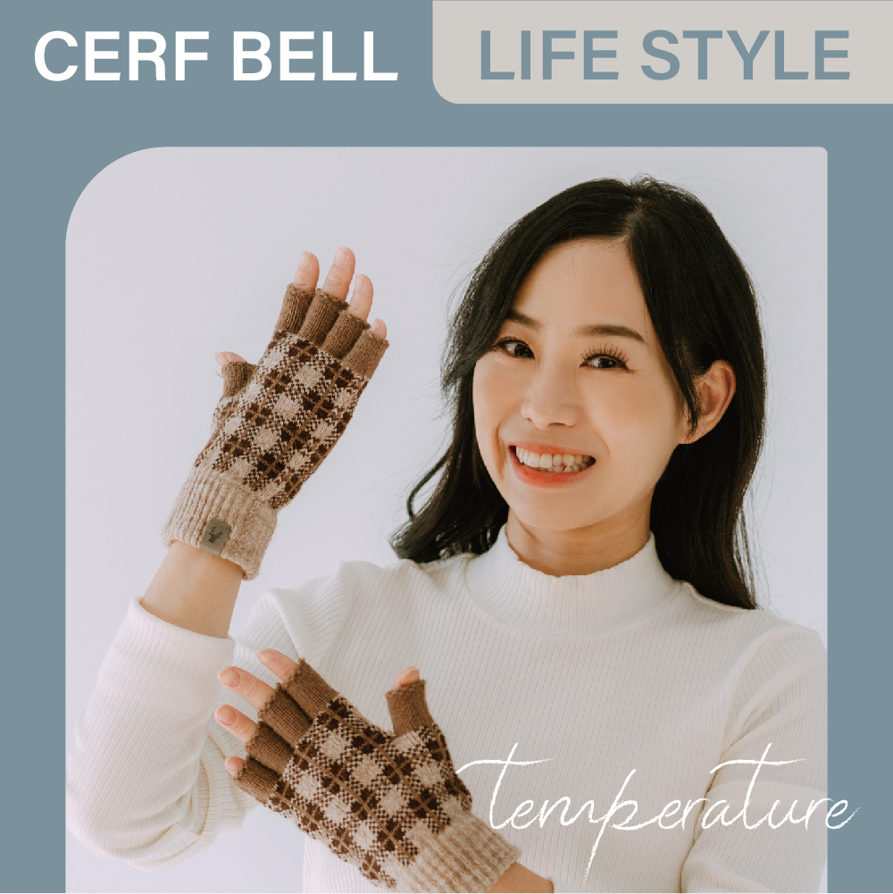 【肌暖】方格紋皮標混色半指手套丨G1642H